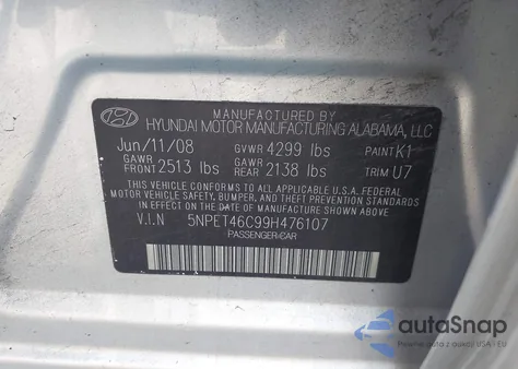 2009 Hyundai Sonata Gls из США, поврежденный, VIN 5NPET46C99H476107